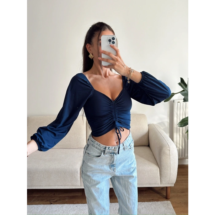 Ön Büzgülü Balon Kol Crop - LACİVERT