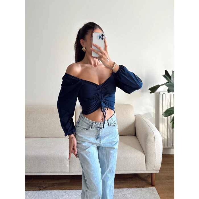 Ön Büzgülü Balon Kol Crop - LACİVERT