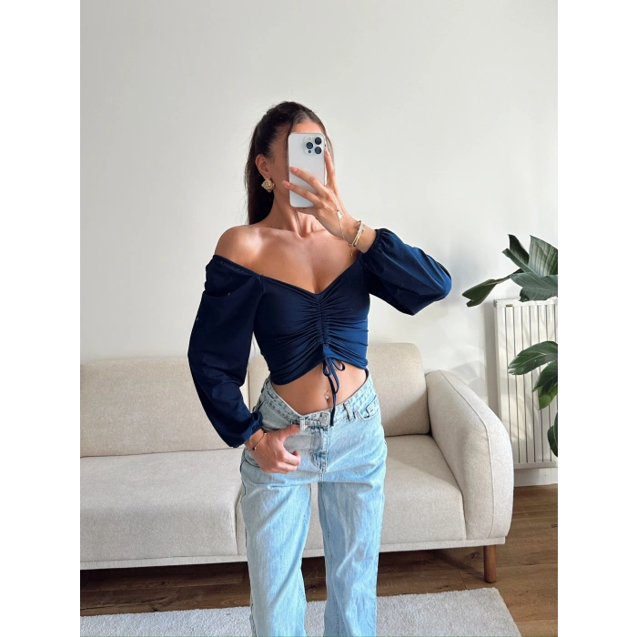 Ön Büzgülü Balon Kol Crop - LACİVERT