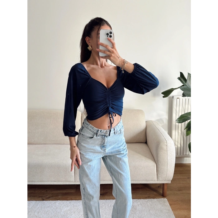 Ön Büzgülü Balon Kol Crop - LACİVERT