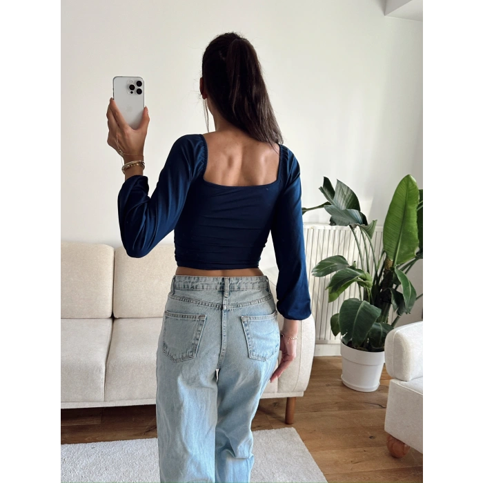 Ön Büzgülü Balon Kol Crop - LACİVERT