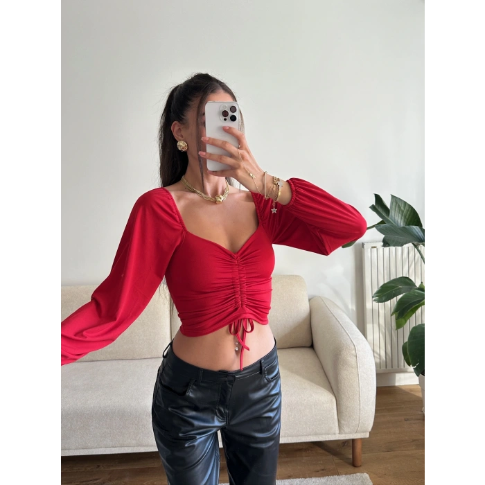 Ön Büzgülü Balon Kol Crop - KIRMIZI