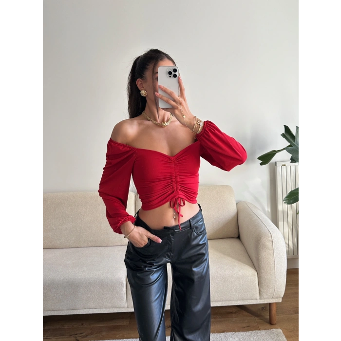 Ön Büzgülü Balon Kol Crop - KIRMIZI
