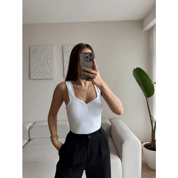 Ön Büzgülü Bodysuit - BEYAZ