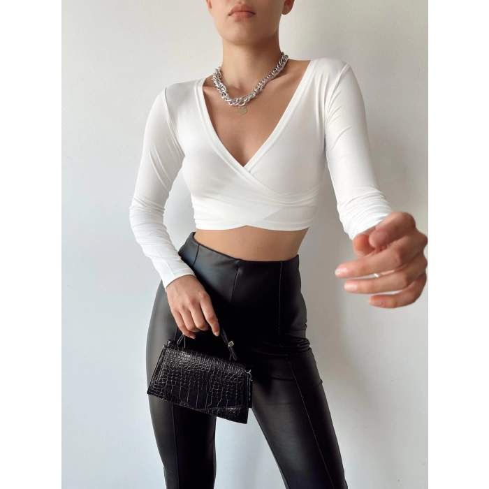 Ön Çapraz Crop Bluz-BEYAZ