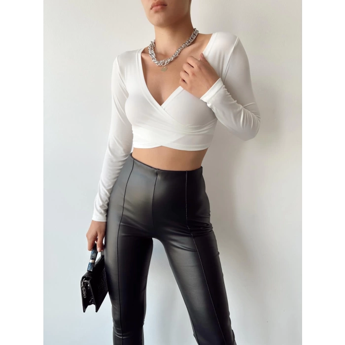 Ön Çapraz Crop Bluz-BEYAZ