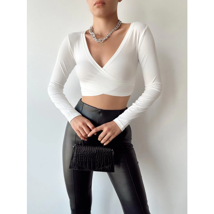 Ön Çapraz Crop Bluz-BEYAZ