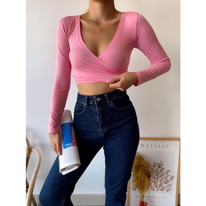 Ön Çapraz Crop Bluz-PEMBE