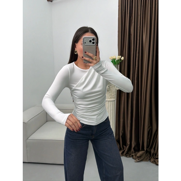 Ön Drapeli Çift Kat Bluz - BEYAZ