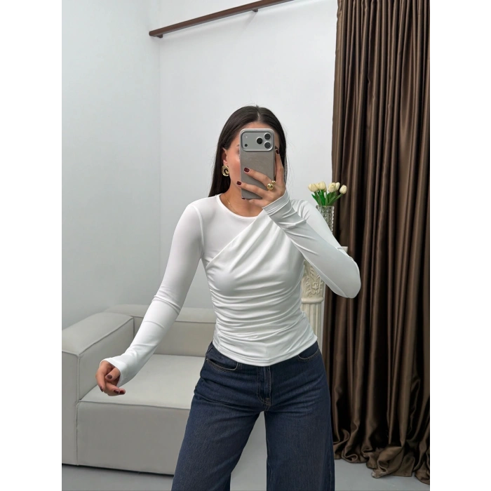 Ön Drapeli Çift Kat Bluz - BEYAZ