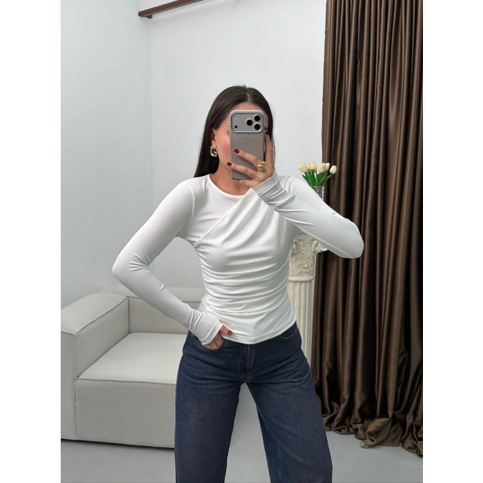 Ön Drapeli Çift Kat Bluz - BEYAZ