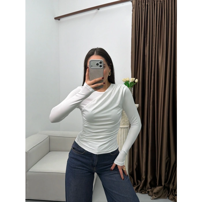 Ön Drapeli Çift Kat Bluz - BEYAZ