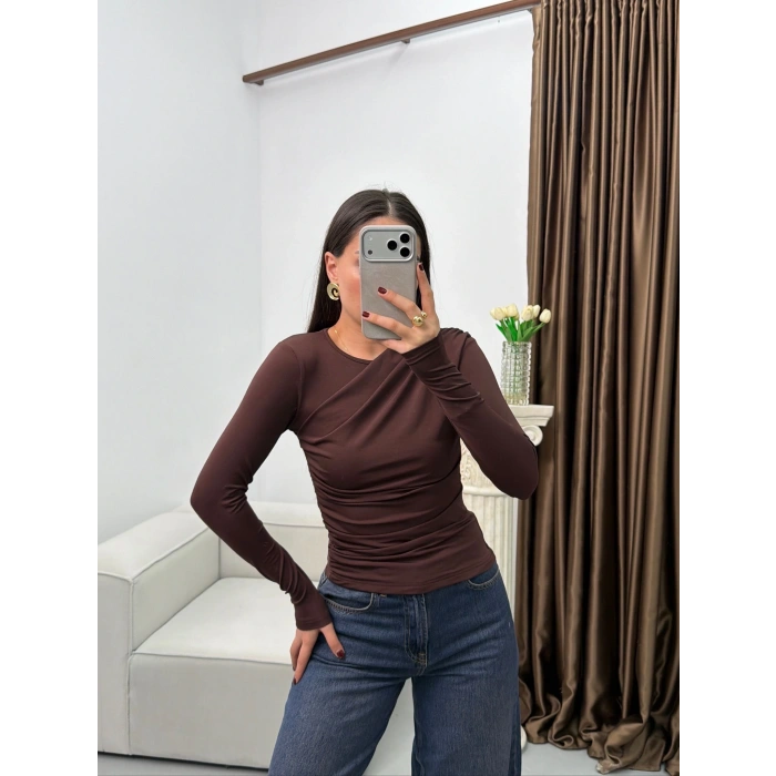 Ön Drapeli Çift Kat Bluz - KAHVE