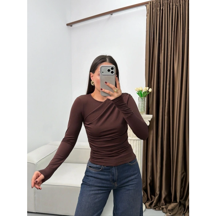 Ön Drapeli Çift Kat Bluz - KAHVE