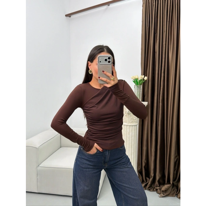 Ön Drapeli Çift Kat Bluz - KAHVE
