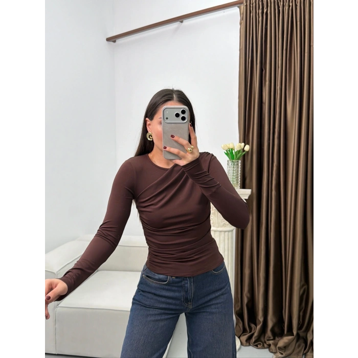Ön Drapeli Çift Kat Bluz - KAHVE