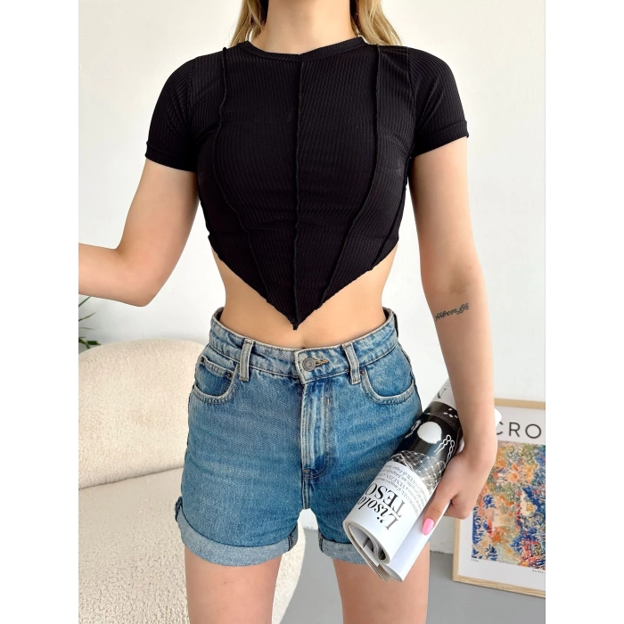 Ön Ve Arka Asimetrik Kaşkorse Crop-SİYAH