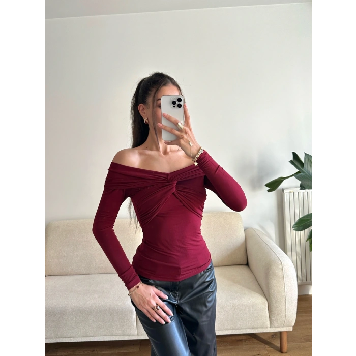 Önü Drapeli Madonna Bluz - BORDO