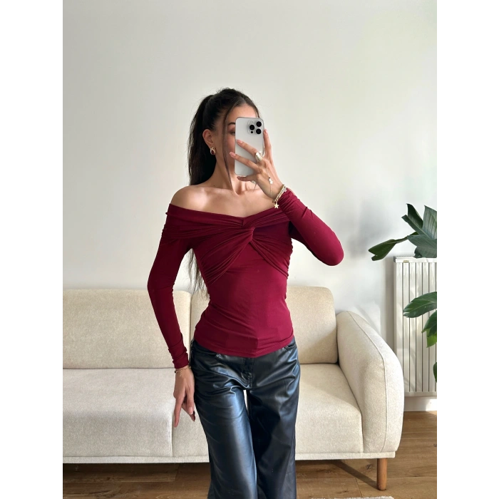 Önü Drapeli Madonna Bluz - BORDO