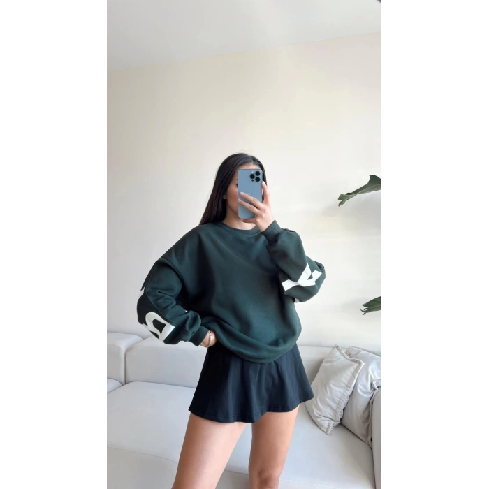 Original Baskılı Oversize Sweat-YEŞİL