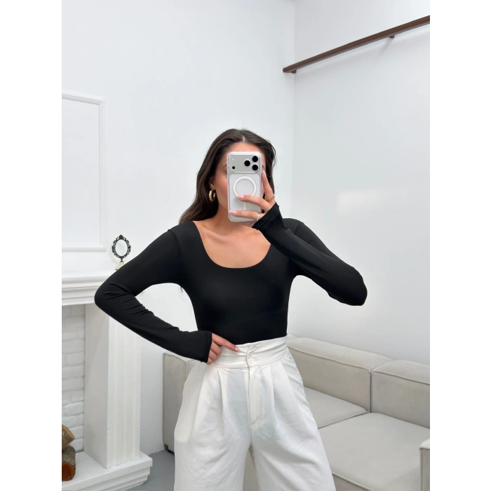 Oval Yaka Bodysuit - SİYAH