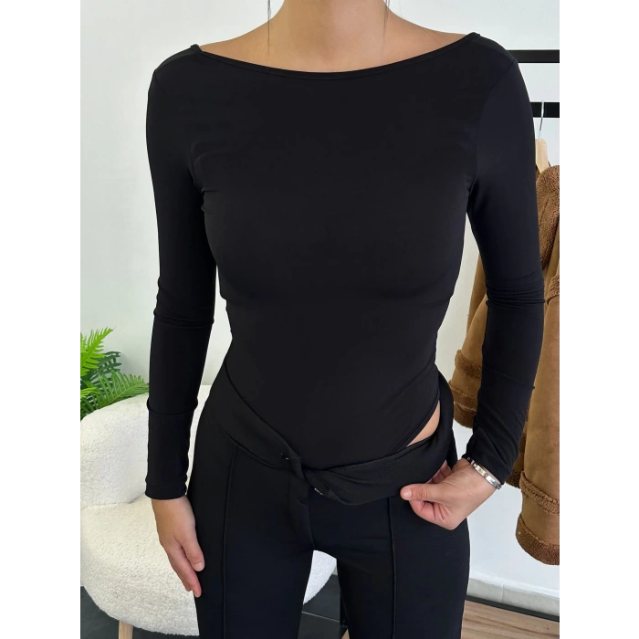 Oval Yaka Bodysuit - SİYAH