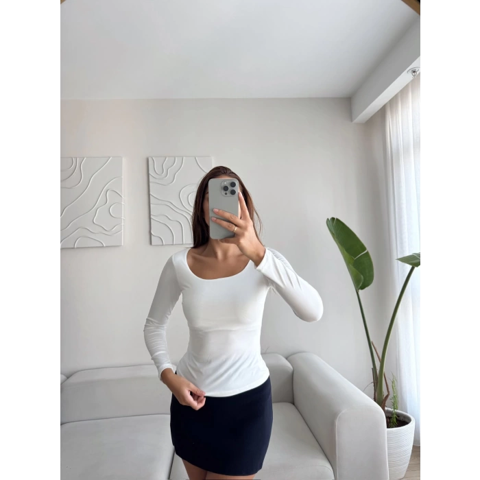 Oval Yaka Çift Kat Crop - BEYAZ
