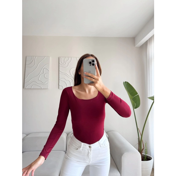 Oval Yaka Çift Kat Crop - BORDO