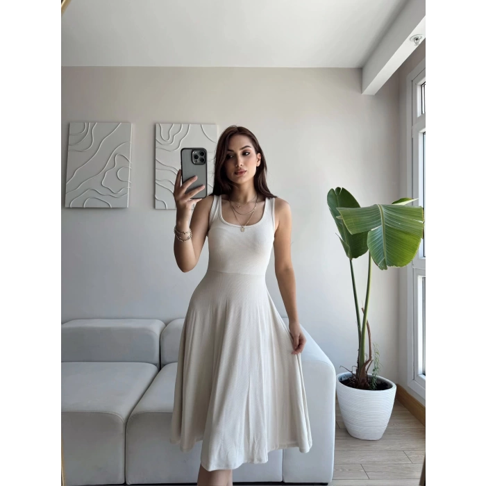 Oval Yaka Ribana Fit Elbise - BEJ