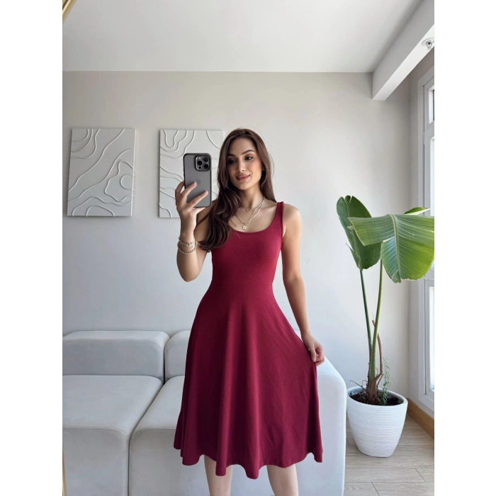 Oval Yaka Ribana Fit Elbise - BORDO