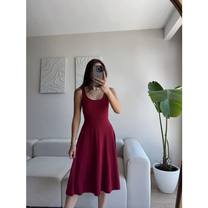 Oval Yaka Ribana Fit Elbise - BORDO