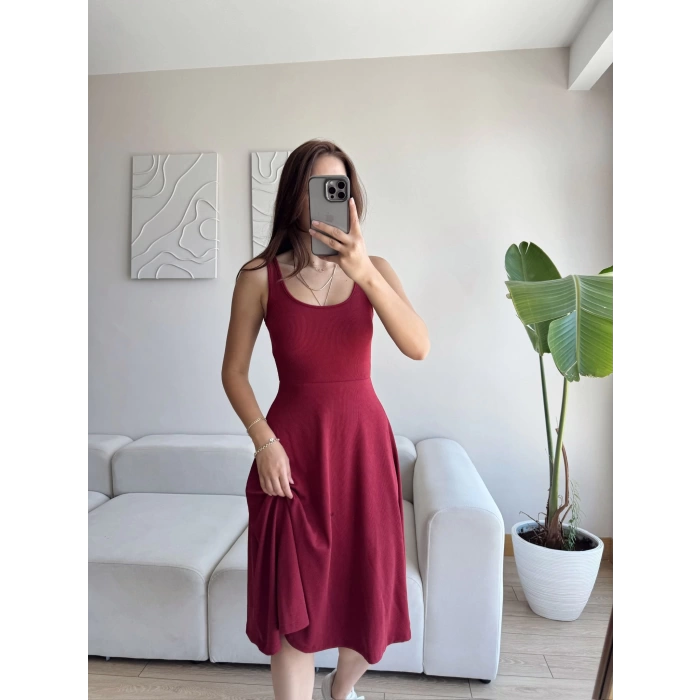 Oval Yaka Ribana Fit Elbise - BORDO