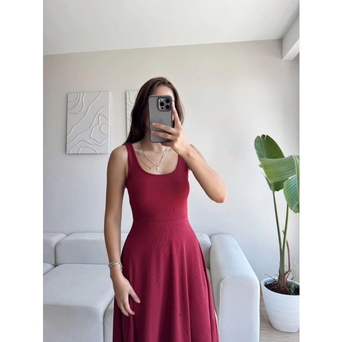 Oval Yaka Ribana Fit Elbise - BORDO