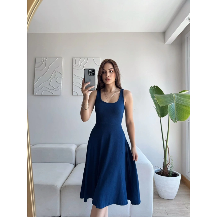 Oval Yaka Ribana Fit Elbise - LACİVERT