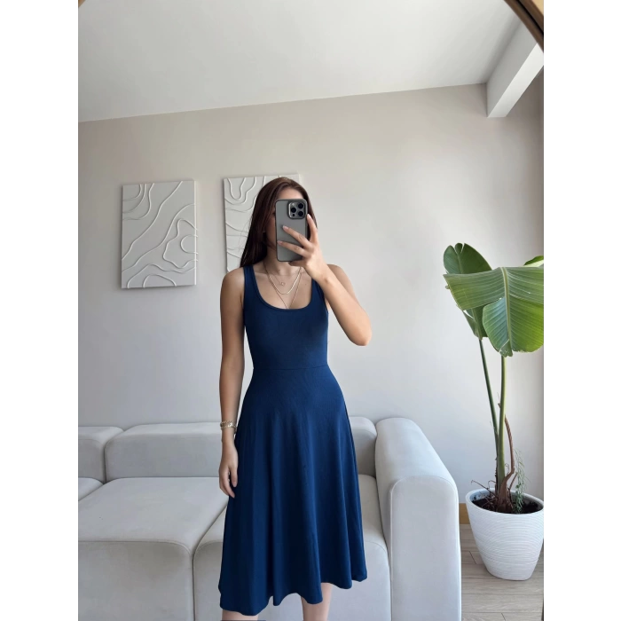 Oval Yaka Ribana Fit Elbise - LACİVERT