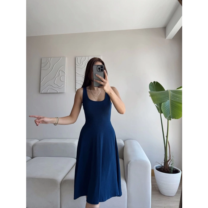 Oval Yaka Ribana Fit Elbise - LACİVERT
