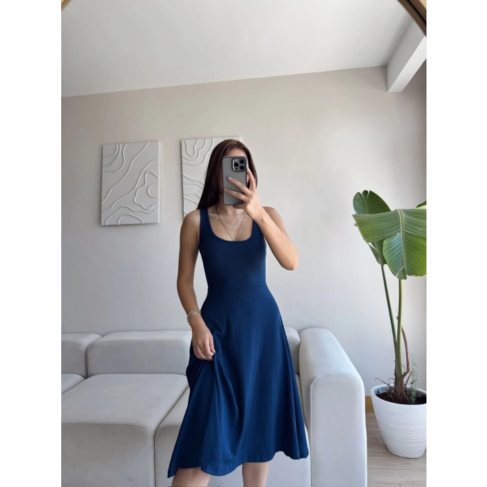 Oval Yaka Ribana Fit Elbise - LACİVERT
