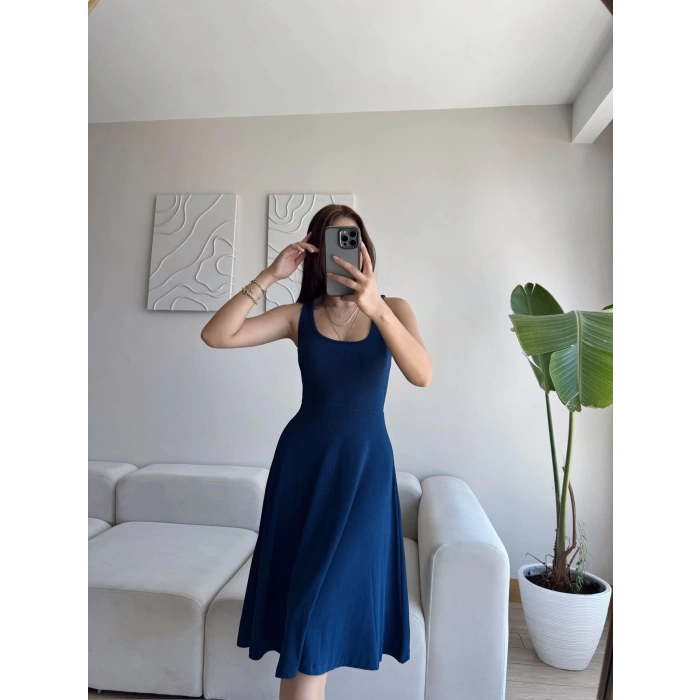 Oval Yaka Ribana Fit Elbise - LACİVERT