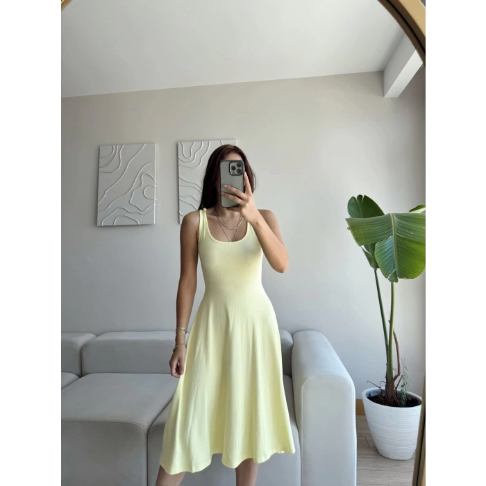 Oval Yaka Ribana Fit Elbise - SARI