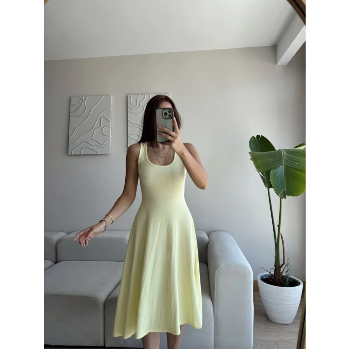 Oval Yaka Ribana Fit Elbise - SARI