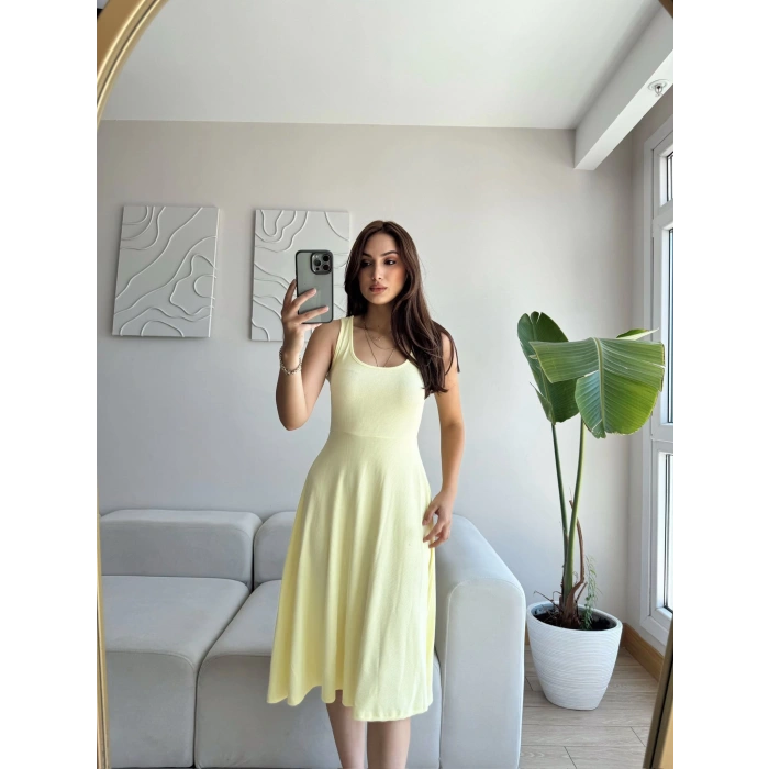 Oval Yaka Ribana Fit Elbise - SARI