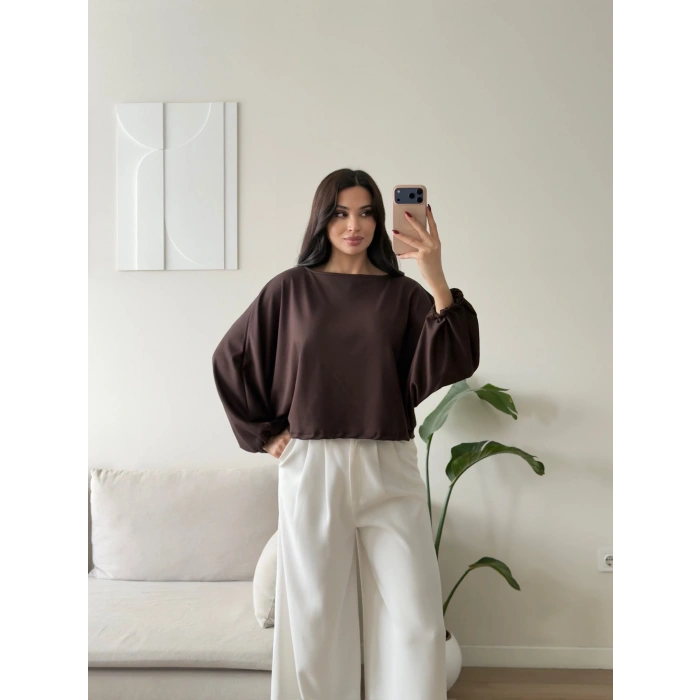 Oversize Balon Kol Bluz - KAHVE