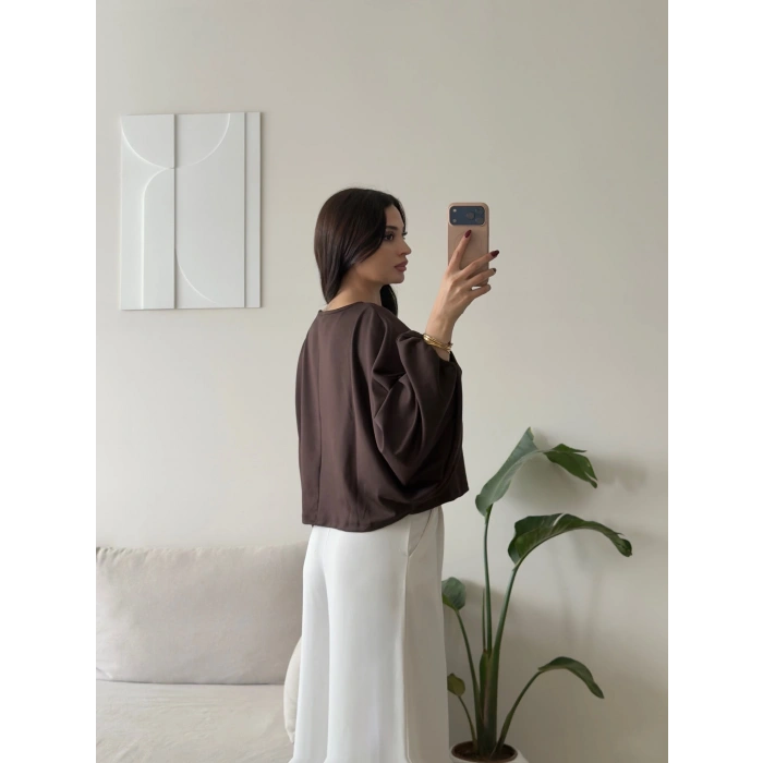 Oversize Balon Kol Bluz - KAHVE
