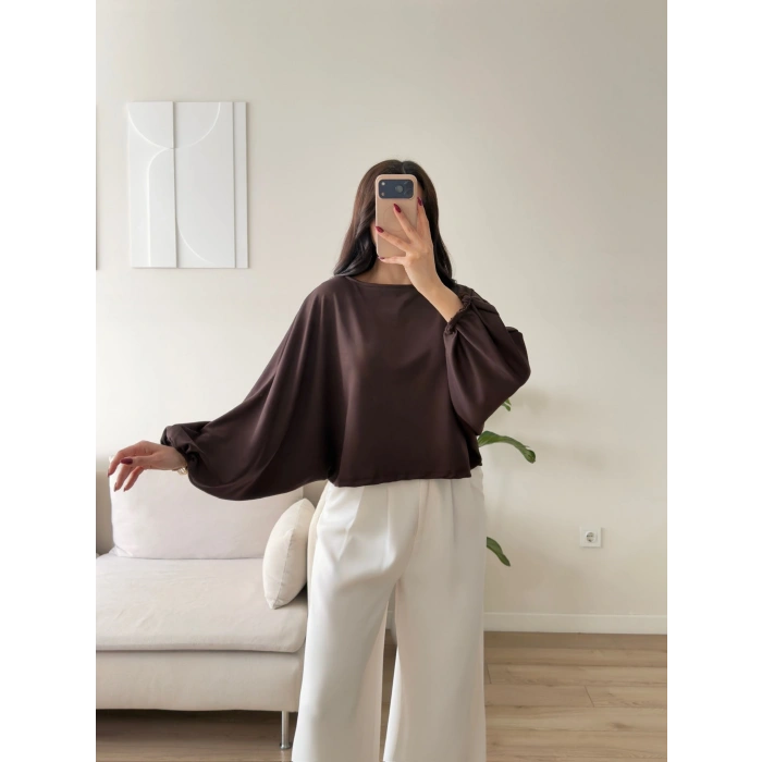 Oversize Balon Kol Bluz - KAHVE