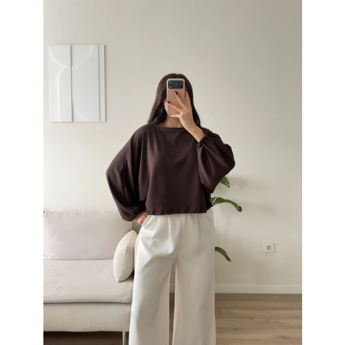 Oversize Balon Kol Bluz - KAHVE