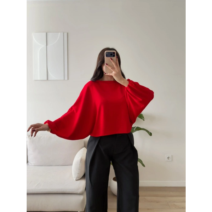 Oversize Balon Kol Bluz - KIRMIZI