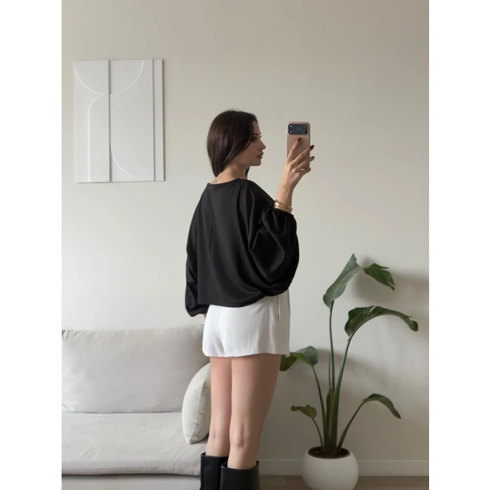 Oversize Balon Kol Bluz - SİYAH