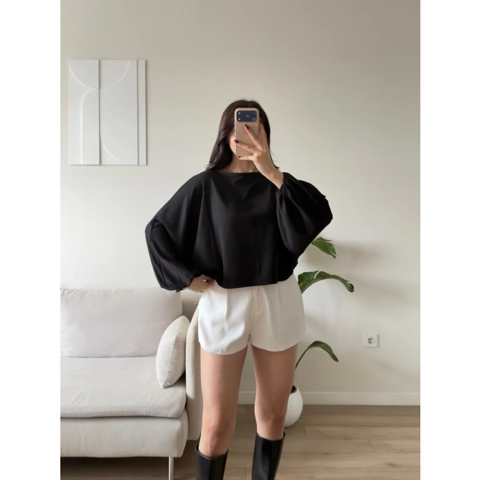 Oversize Balon Kol Bluz - SİYAH
