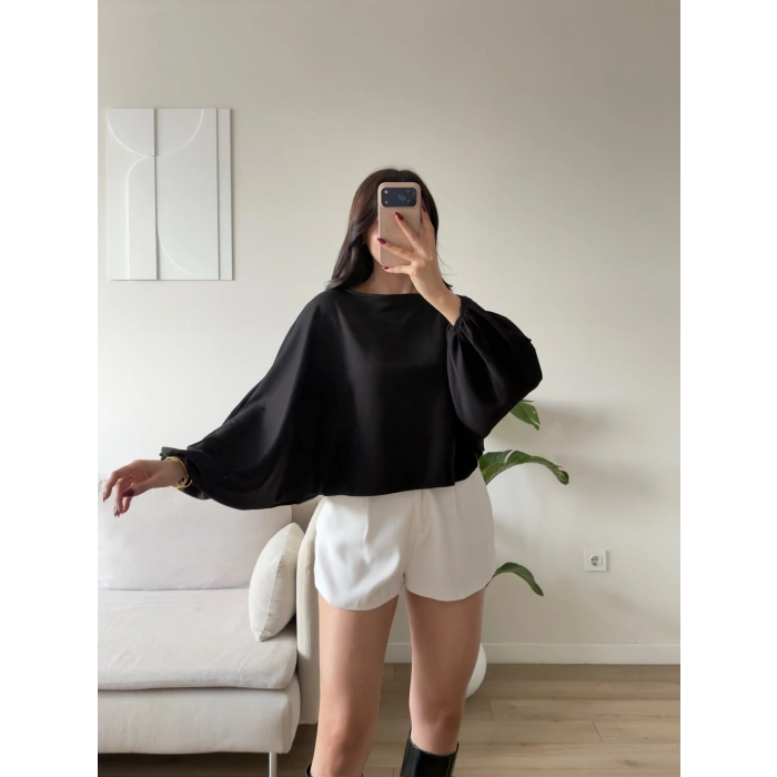 Oversize Balon Kol Bluz - SİYAH