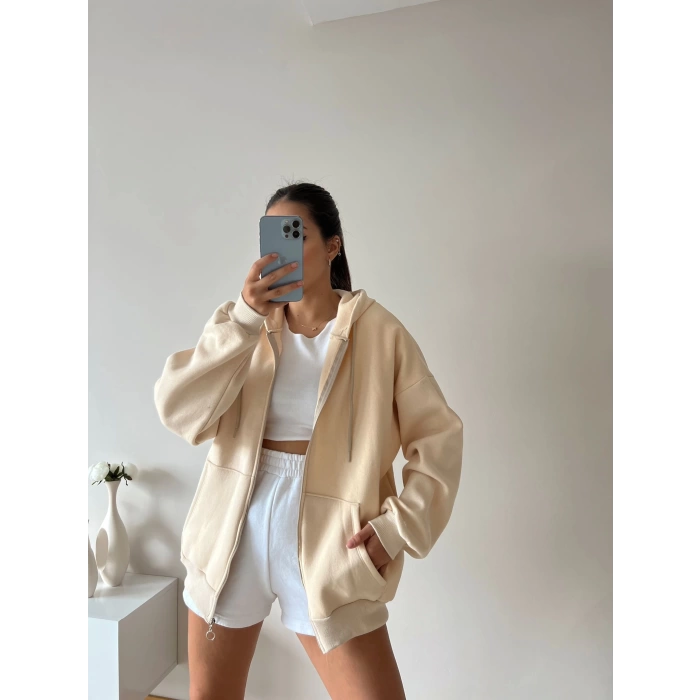 Oversize Basic Unisex Hırka-BEJ